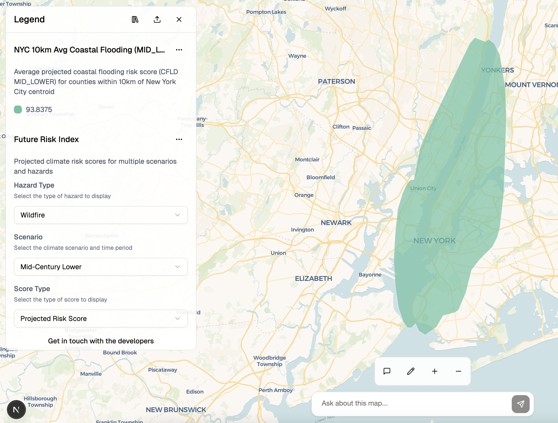Interactive map showing coastal flooding risk analysis with buffer zones around New York City
