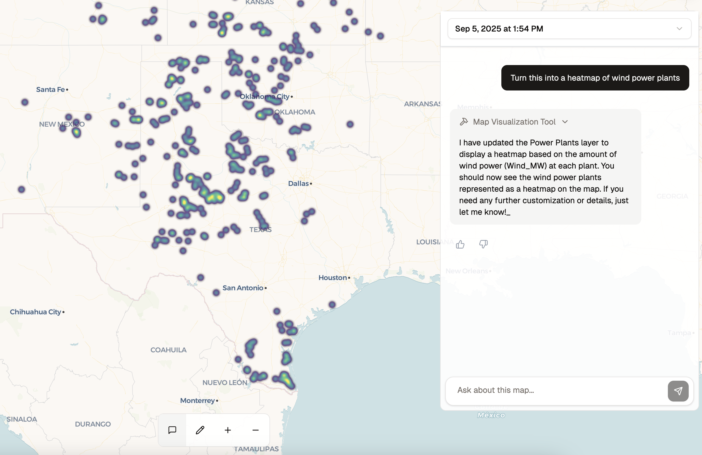 AI-generated heatmap showing wind power plant density across the Southern United States