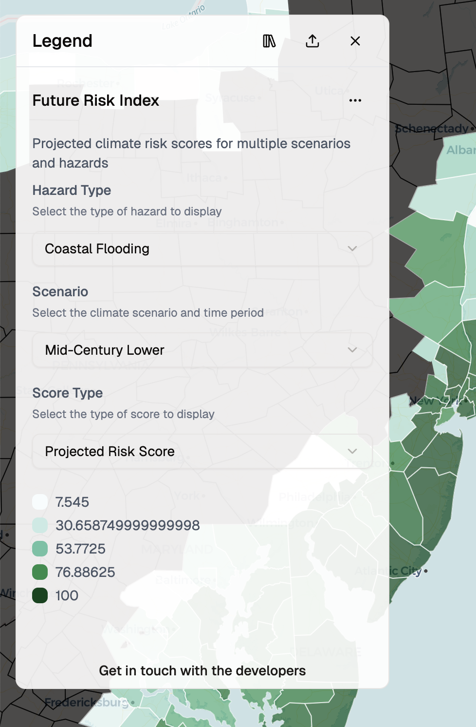 Interactive legend showing climate risk analysis with AI-generated insights