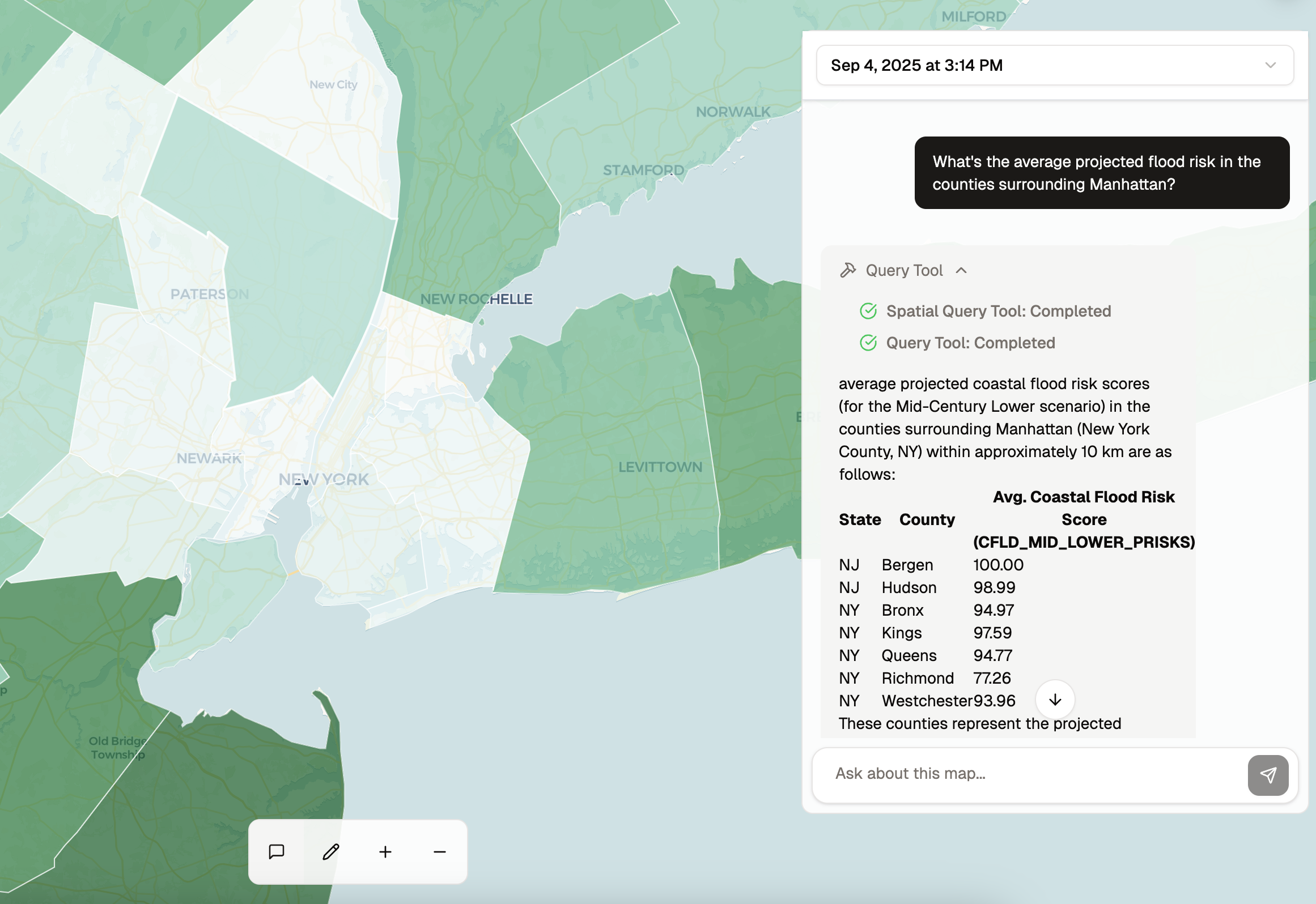 Spatial query interface showing flood risk analysis results for counties surrounding Manhattan